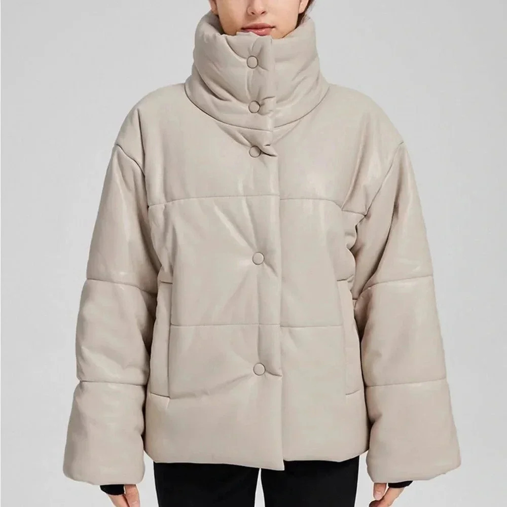 Latellier Faux Leather Puffer Coat Jacket Oversized Quilted Cream Mid Length: L